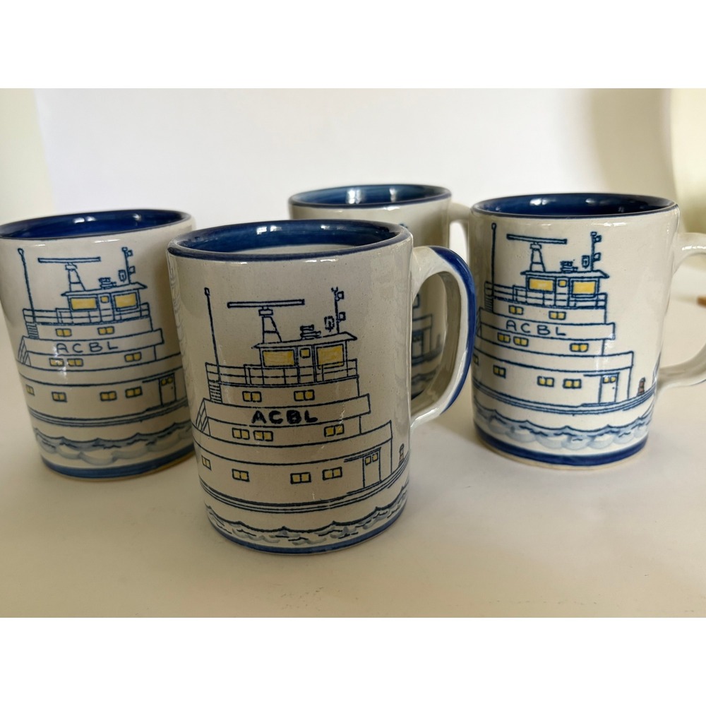 Set of 4 Louisville Stonewear Pottery ACBL Fish Troller Mugs Folk Art Handmade